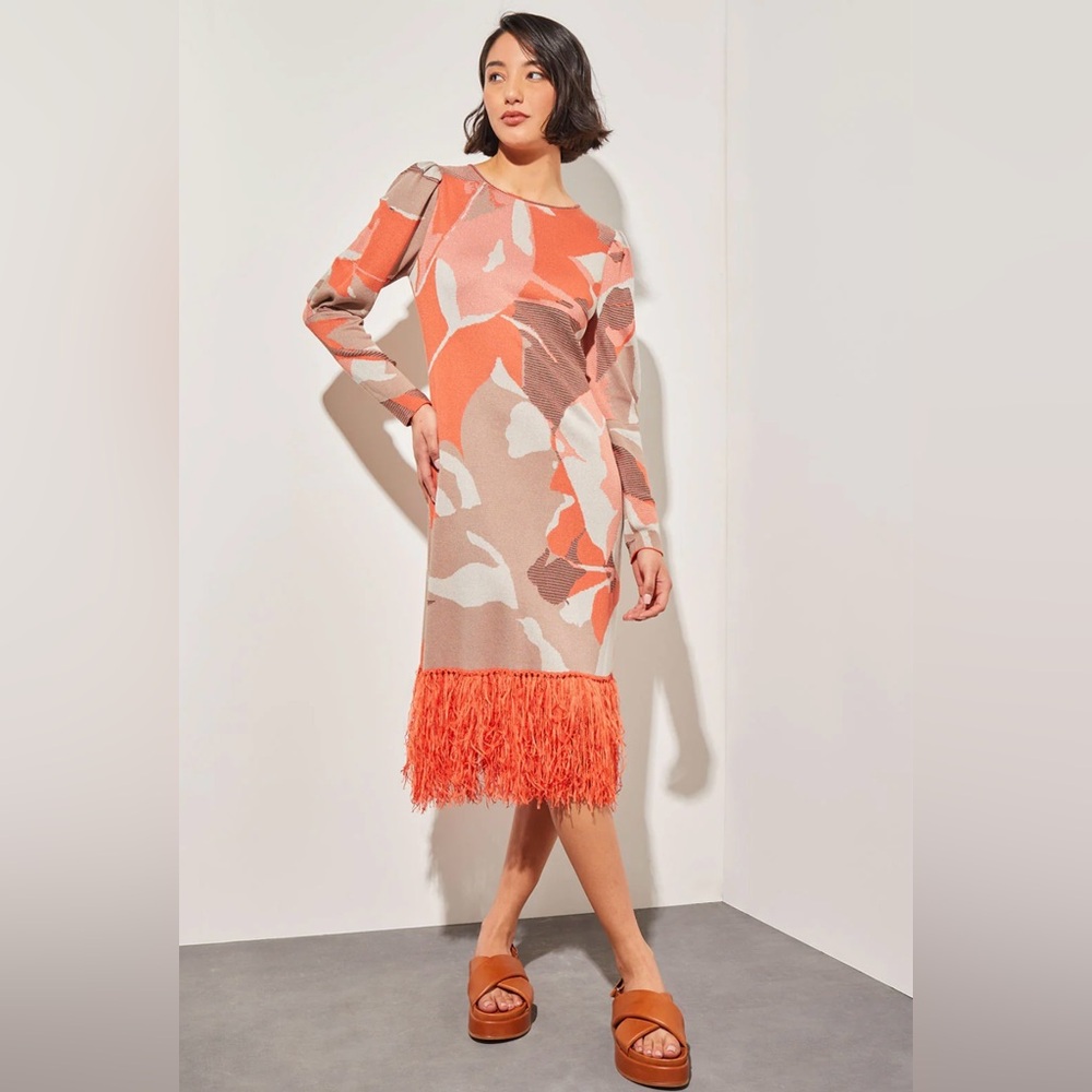 Ming Wang Knee Length Long Sleeve Sheath Sweater Dress Orange Trim size Large
